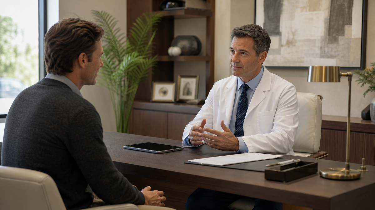 Physician and prospective member talk across a desk in a bright concierge medicine office