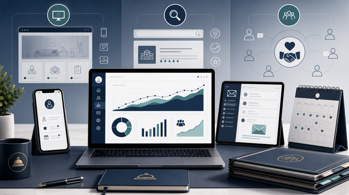 Laptop shows growth charts beside phone, calendar, and referral folders on a clean desk