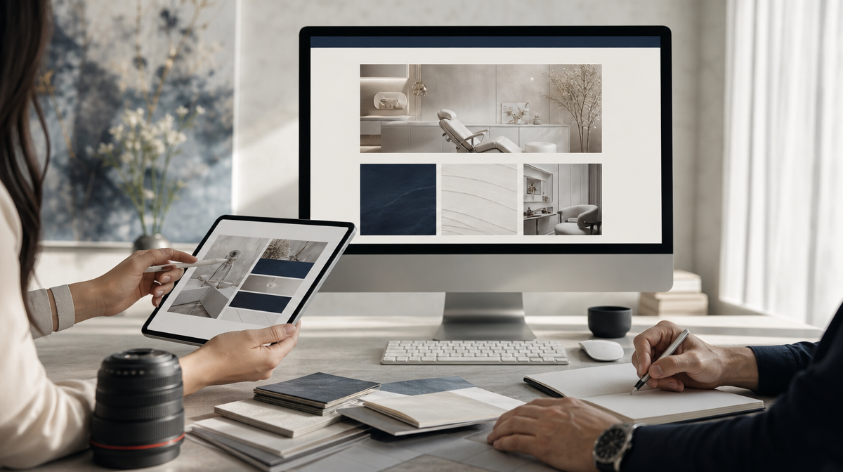 Hands review a tablet and homepage mockup in a premium healthcare branding studio