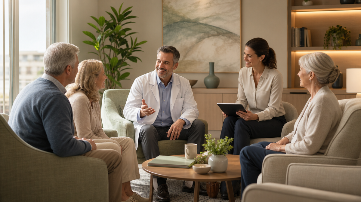 Doctor and staff welcome mature members in a calm clinic lounge with armchairs and a coffee table