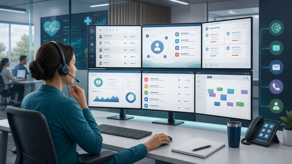 Healthcare team monitors patient reactivation alerts on sleek monitors with phones and calendar cards