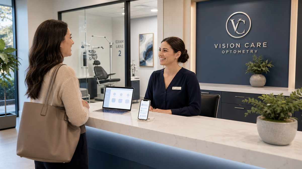 Clinic receptionist greets a patient at an optometry front desk near glass exam lanes.