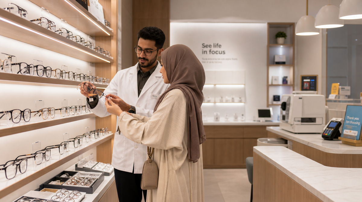 Optician helps a patient choose frames beside a wall of organized eyewear displays.