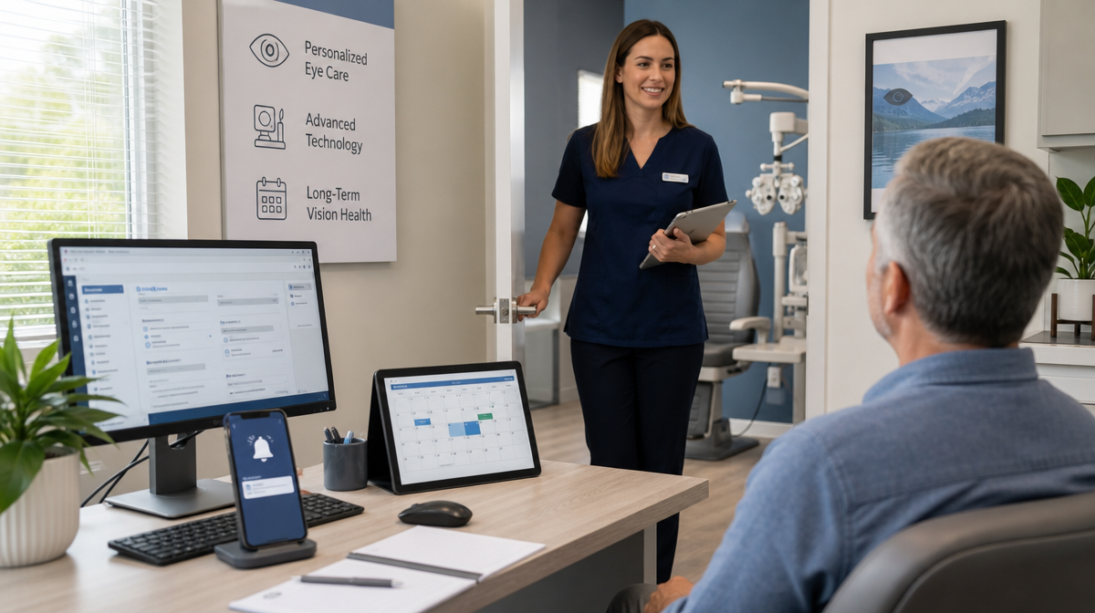 Staff member discusses follow-up care with a seated patient in a bright optometry consultation room.