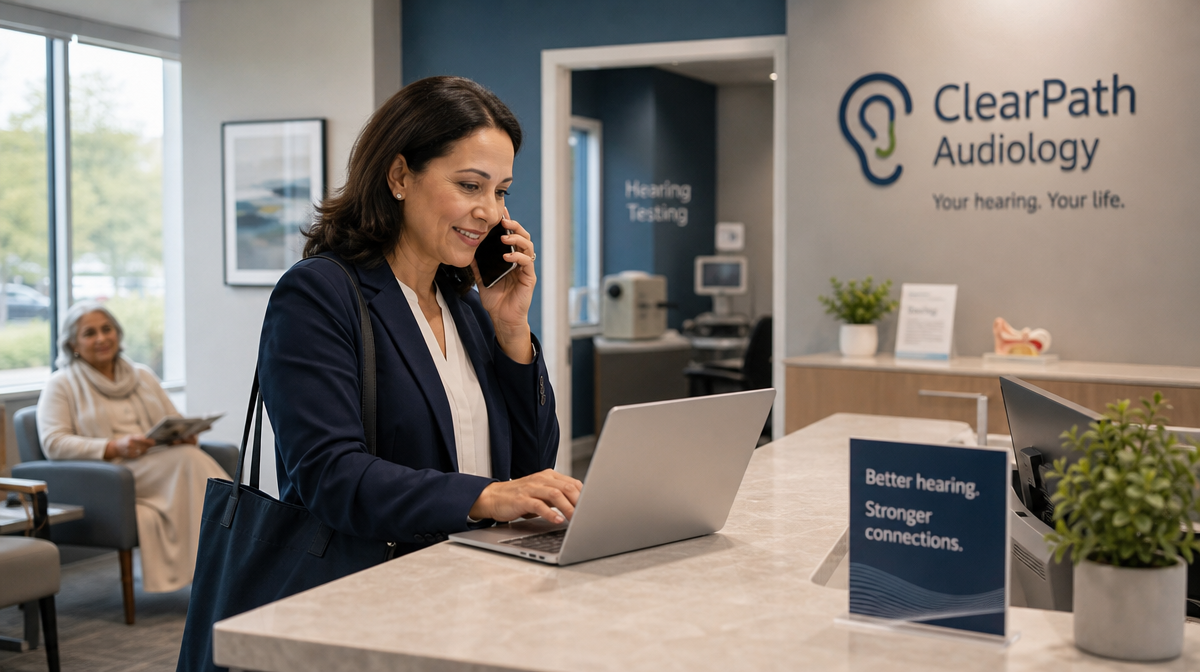 Daughter books a hearing appointment at a clinic desk while her older parent waits nearby.