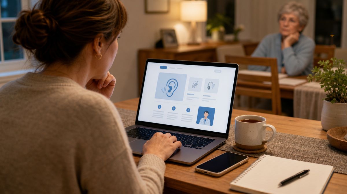 Caregiver researches hearing care on a laptop at the kitchen table while an older parent sits behind.