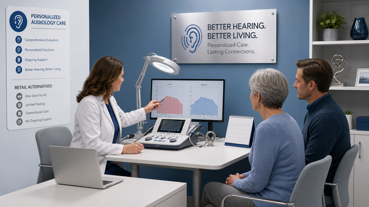 Audiologist explains a hearing test to an older adult and adult child beside diagnostic equipment.