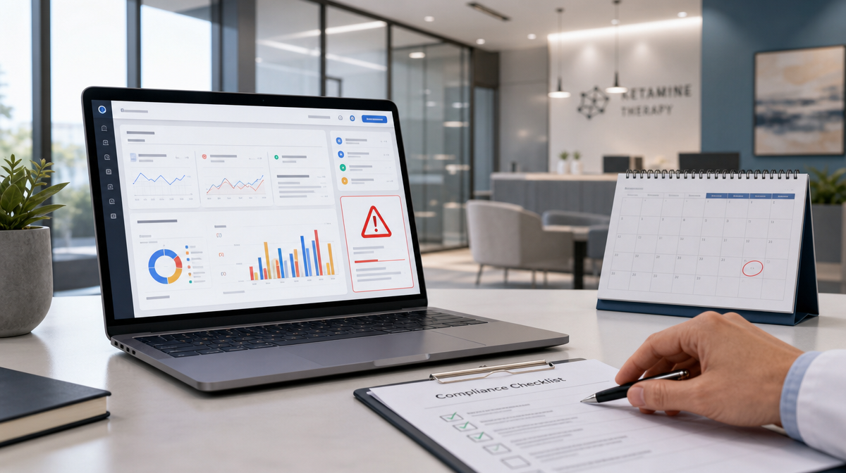 Advertising account dashboard reviewed alongside a marketing compliance checklist
