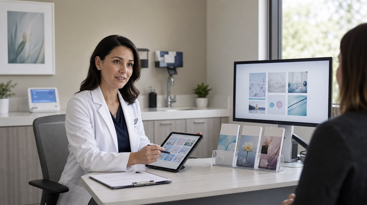 Clinician reviewing patient education materials in a consultation room
