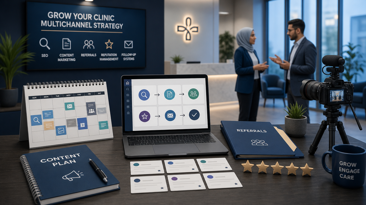 Content calendar, follow-up messages and referral records organized on a desk