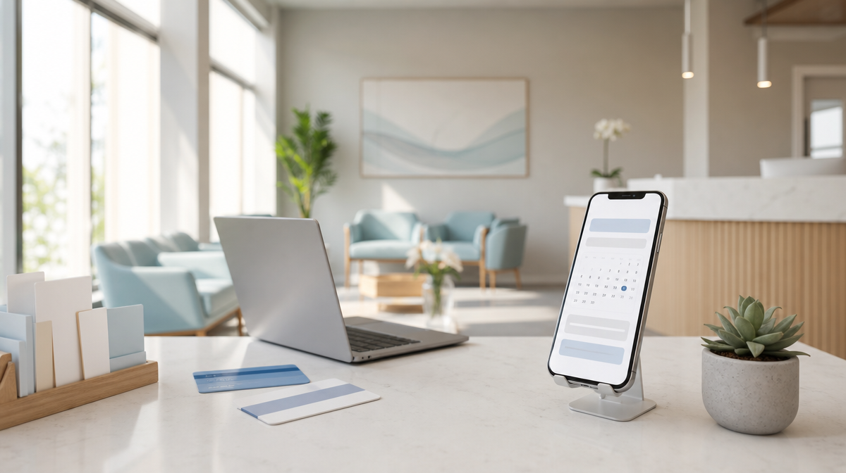 Smartphone showing an appointment booking screen at a practice reception desk