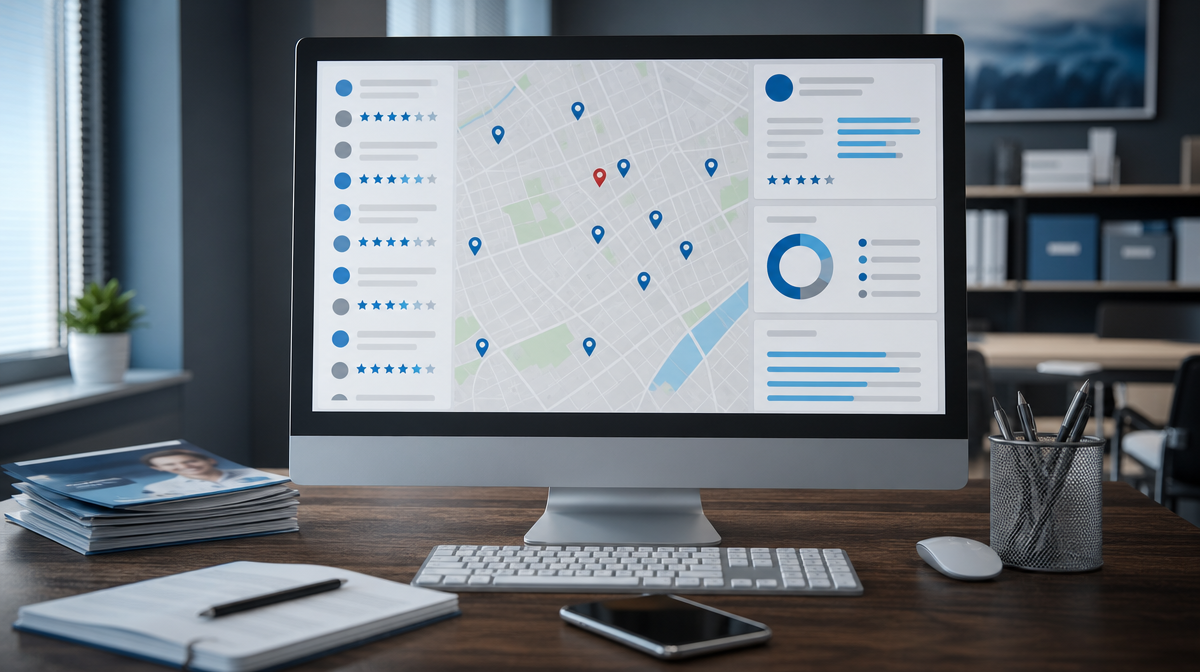 Local map results and review ratings displayed on a monitor