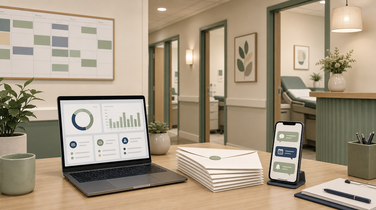 Nurse station with patient recall reminders and a scheduling calendar