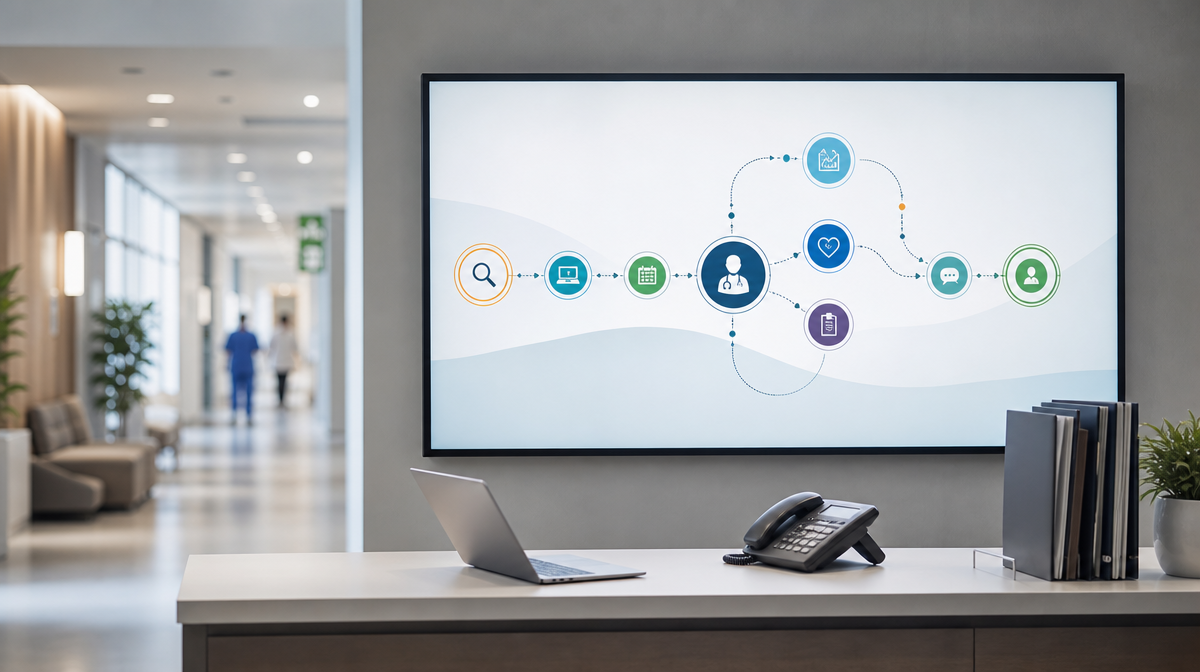 Clinic reception with a wall display mapping the patient path from search to follow-up