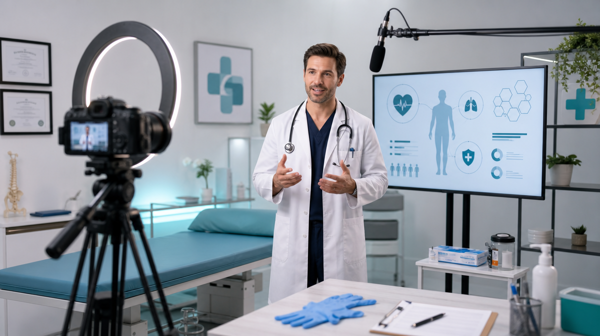 Clinician recording an educational video in an exam room