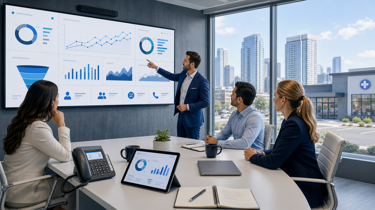 Team reviewing campaign performance on a wall display