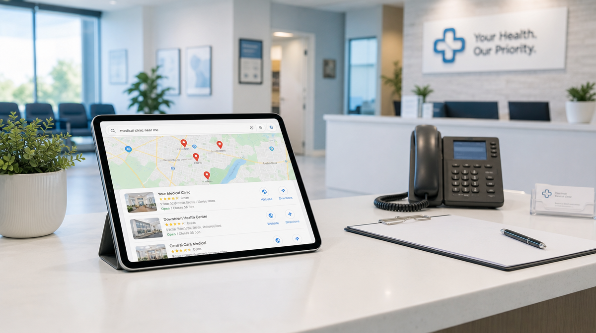 Tablet on clinic reception desk shows a map with pins beside a phone, clipboard, and plant.