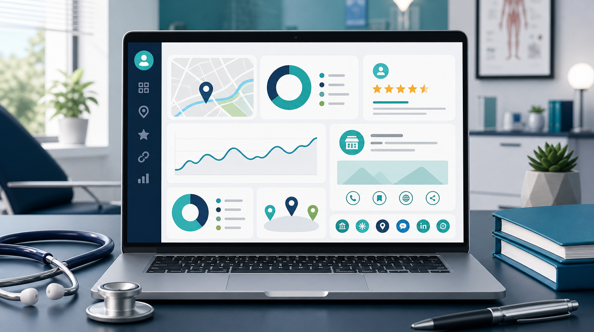 Doctor search dashboard on a desk with charts, stars, location icons, and folders.