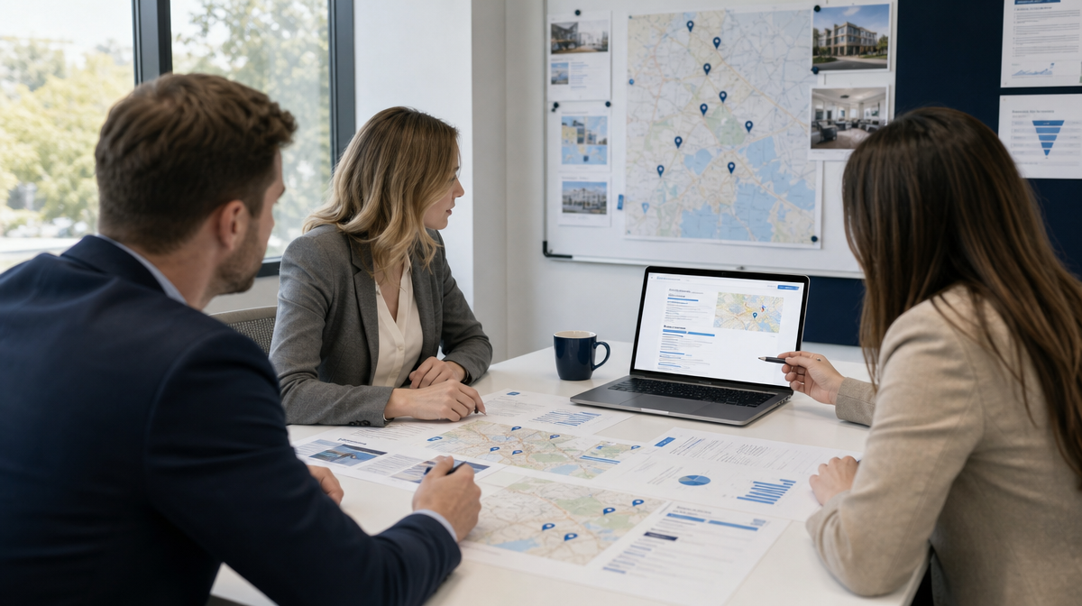 Healthcare team reviews printed maps and a laptop with map results in a conference room.