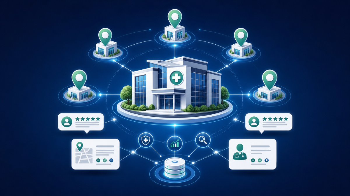 Clinic building linked to location markers, review badges, and directory cards in a digital network.