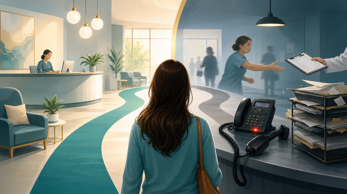 Split clinic workflow showing a smooth route and a blocked route with phone and inbox delays
