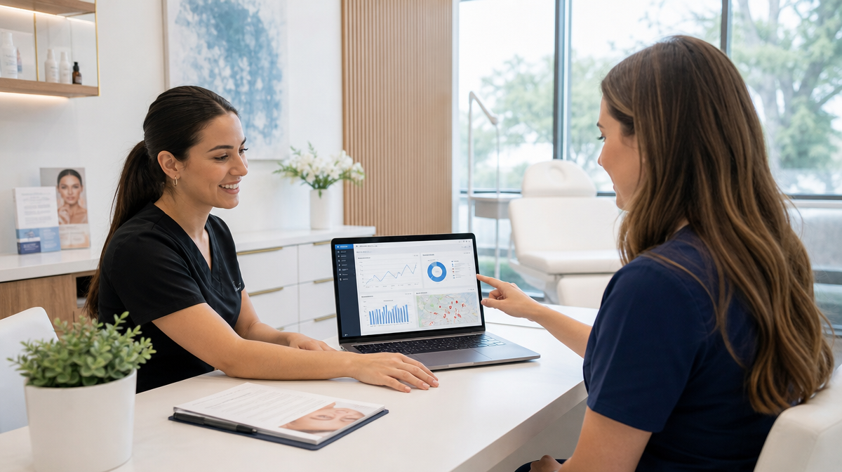 Receptionist and clinician review a laptop with search charts in a modern med spa office.