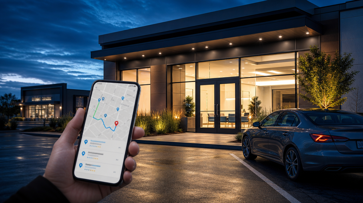 Clinic entrance at dusk with a phone map, parked sedan, and a neighboring clinic in soft focus.