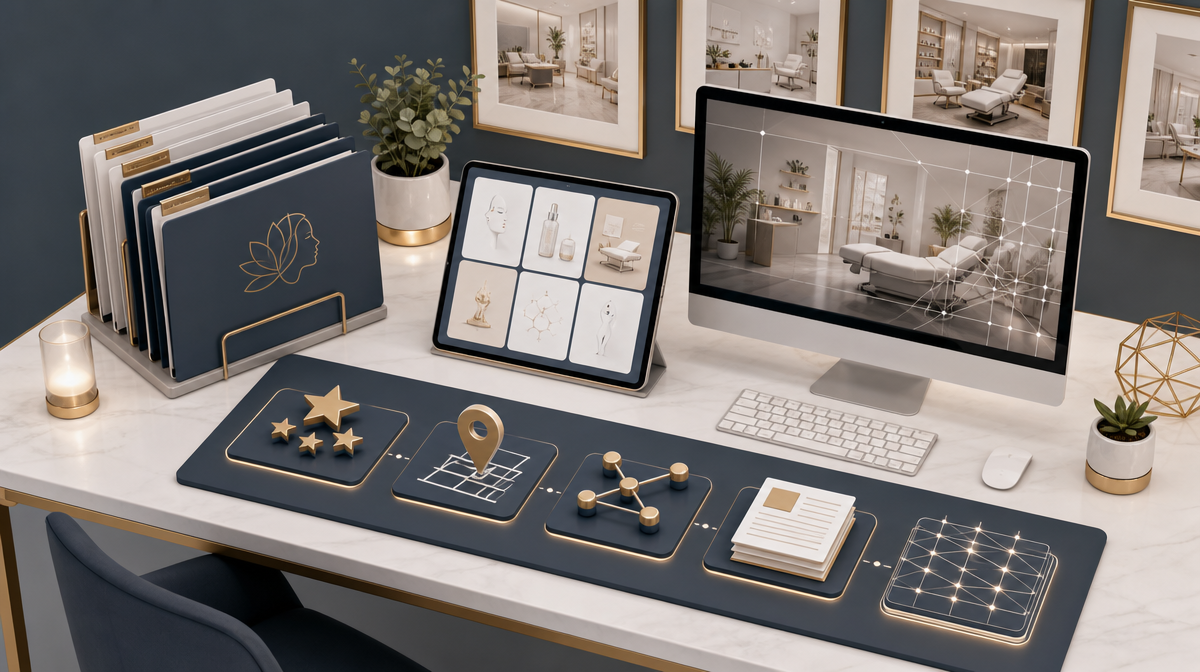 Workspace with treatment folders, a tablet, computer, and SEO icons for reviews, pins, links, and content.