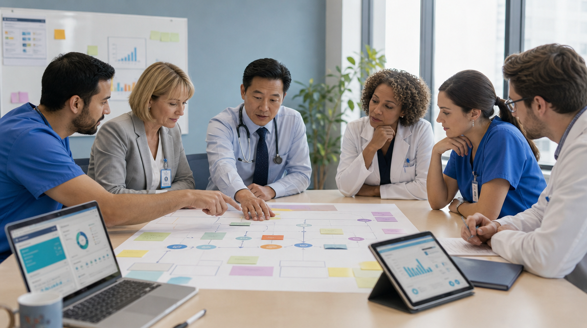 Healthcare team reviews a patient journey map board with sticky notes and touchpoint diagrams