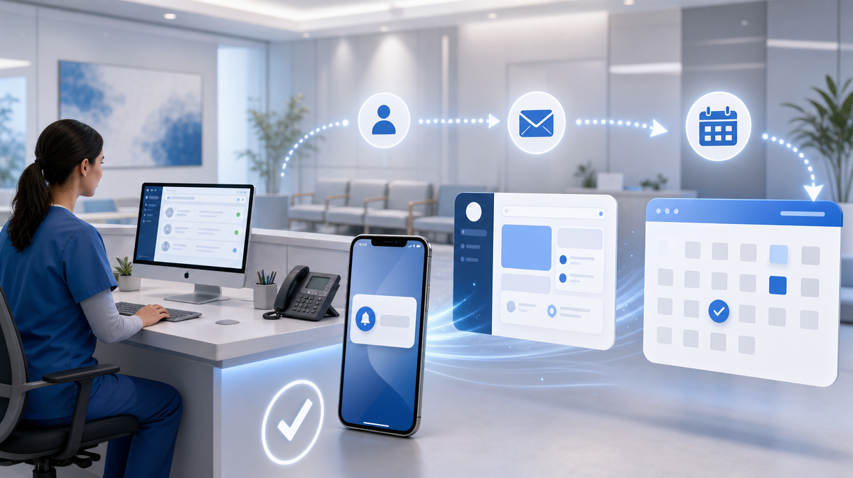 Clinic desk with phone reminder, portal screen, and calendar blocks for patient follow-up