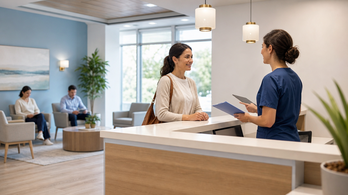 Clinic reception with staff greeting a returning patient at the front desk and waiting area