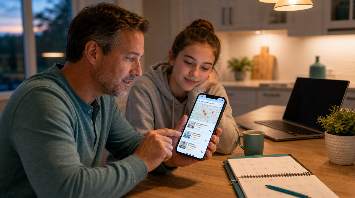 Family searches for an orthodontist on a smartphone at the kitchen table