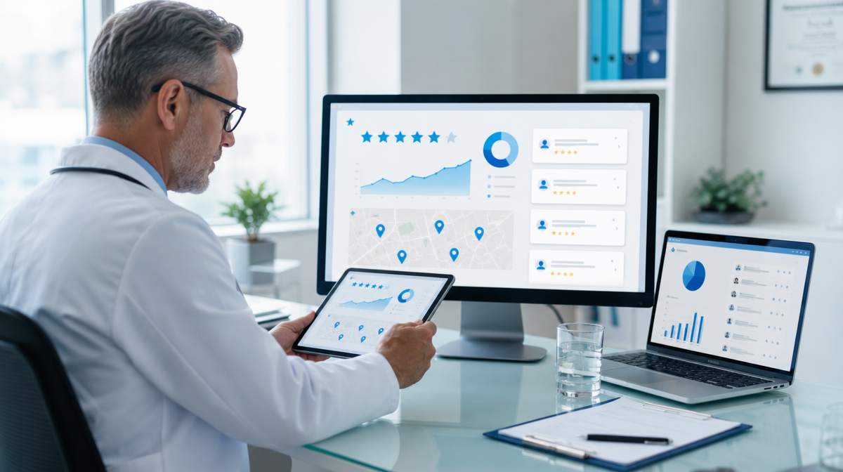 Clinician reviews review dashboard on a monitor beside a laptop in a modern medical office.