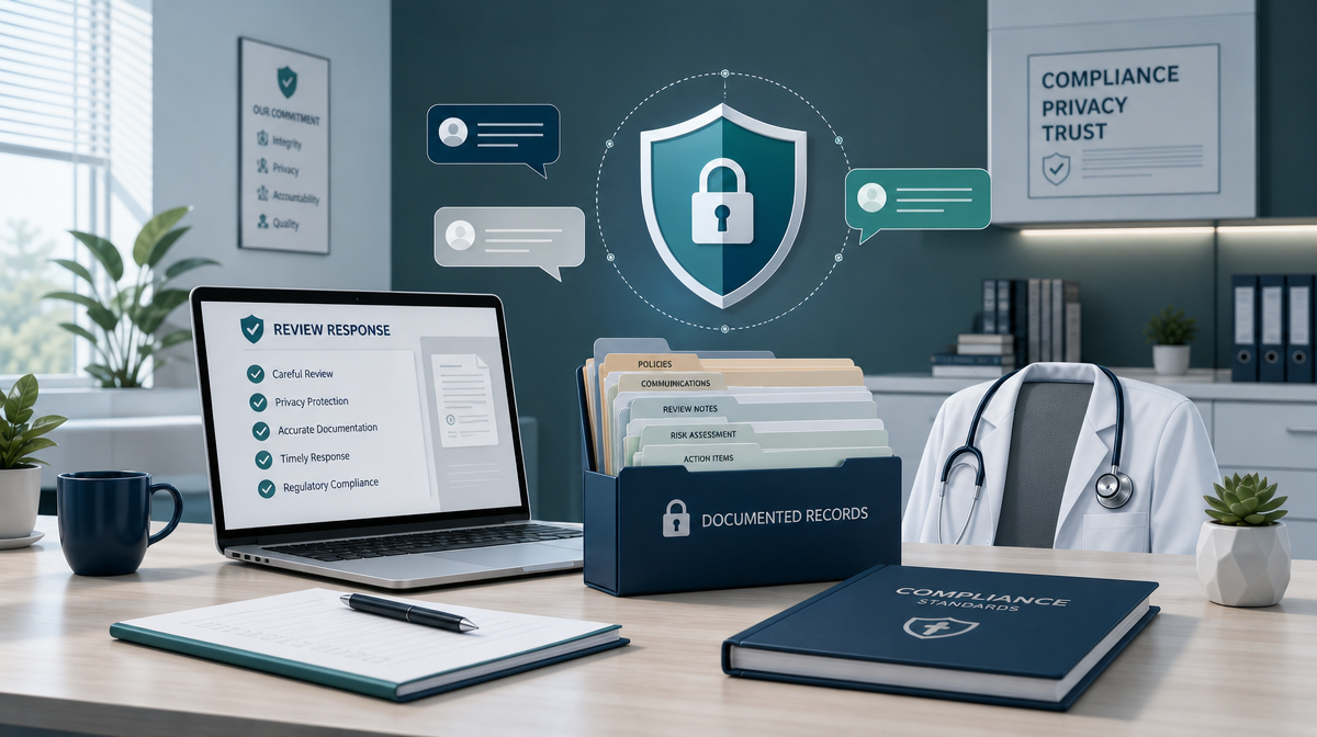Physician at a desk reviews messages with a privacy shield icon and records nearby.