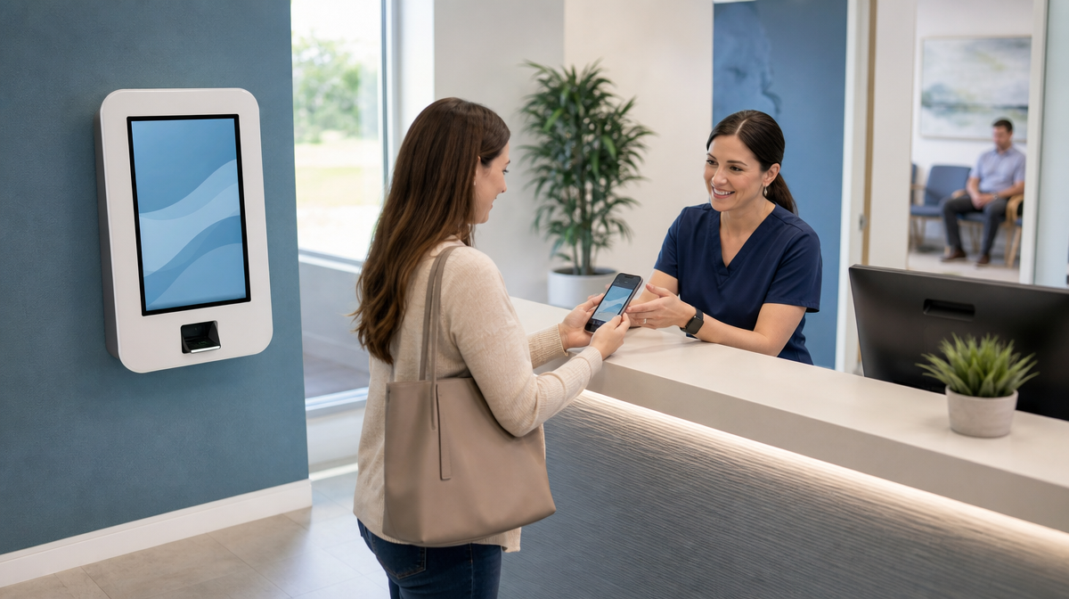 Receptionist helps a patient use a smartphone beside a wall-mounted check-in kiosk
