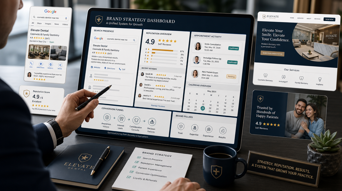 Physician reviews a dashboard with search, reviews, calendar cards, and website mockups