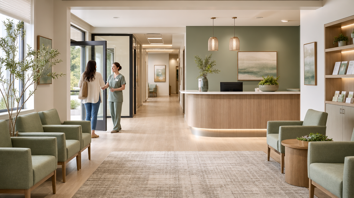 Staff greet a patient in a calm medical waiting area with a clean front desk