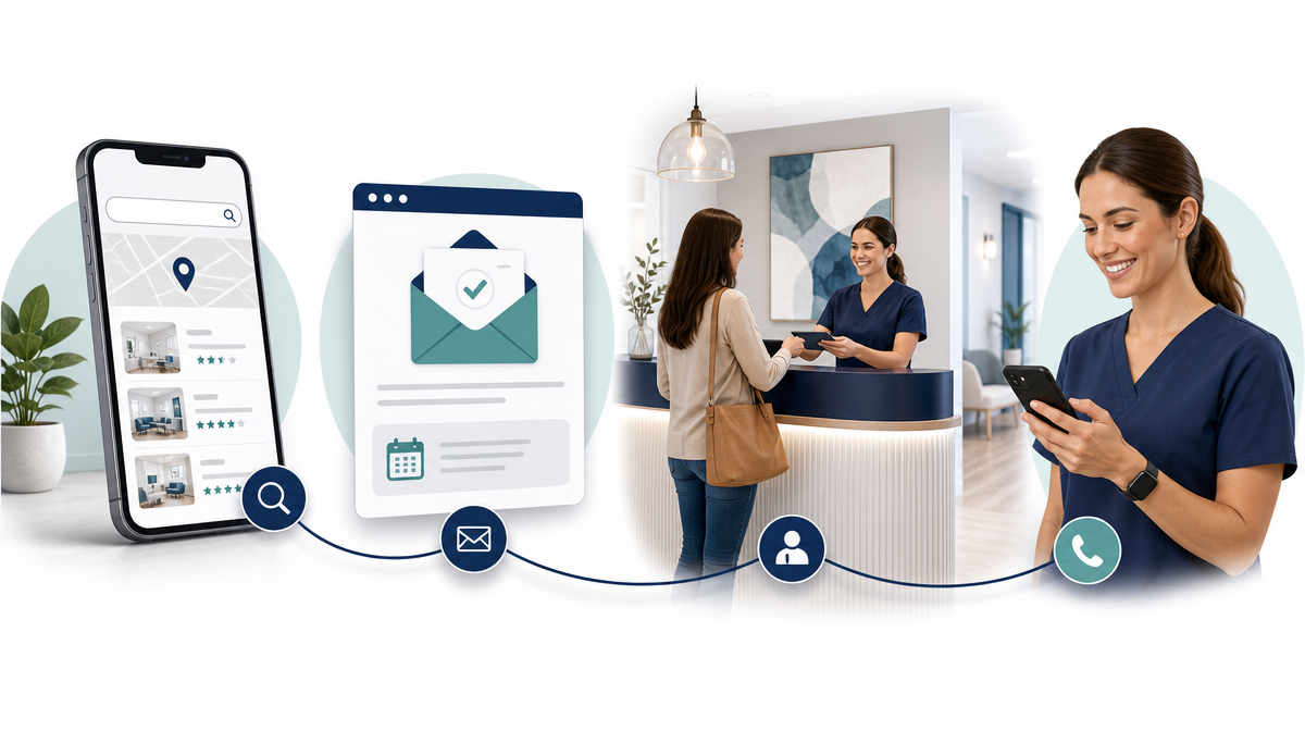 Connected clinic scenes show search, booking, reception, and phone follow-up