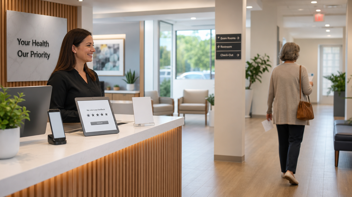 Practice manager at a clinic front desk with tablet, phone, and a patient leaving with a receipt.