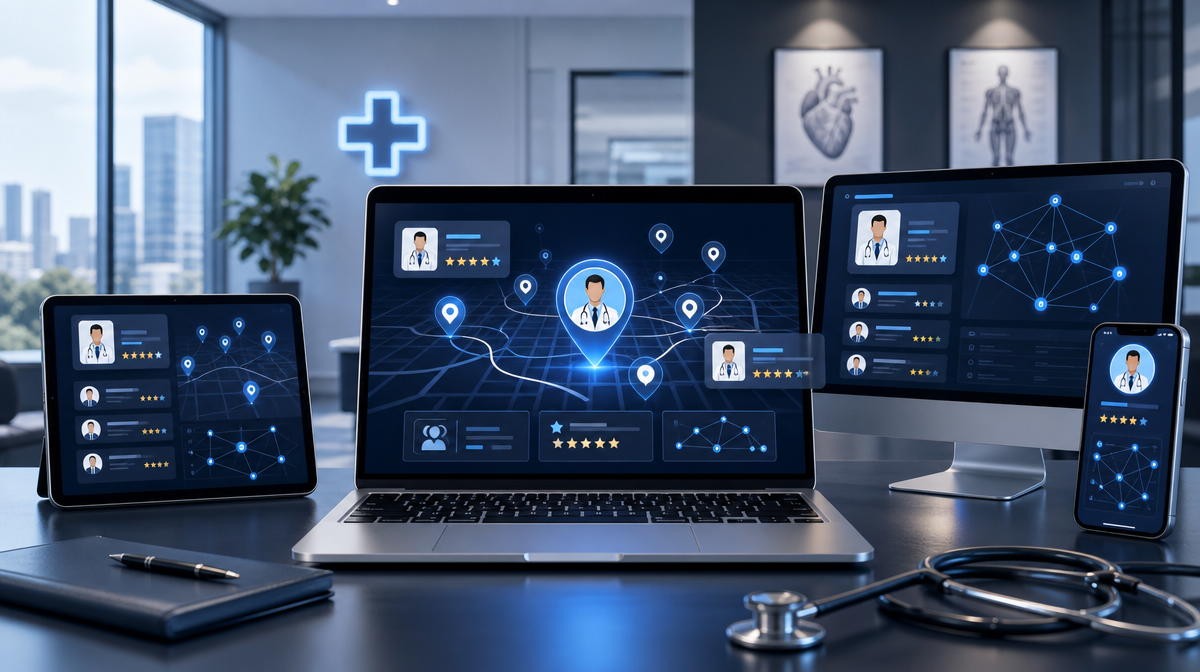 Doctor's laptop shows map pins, review stars, and profile cards across connected devices.