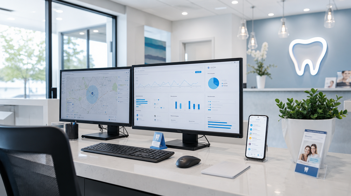 Dental office desk with analytics dashboard and smartphone search results, suggesting dental SEO.