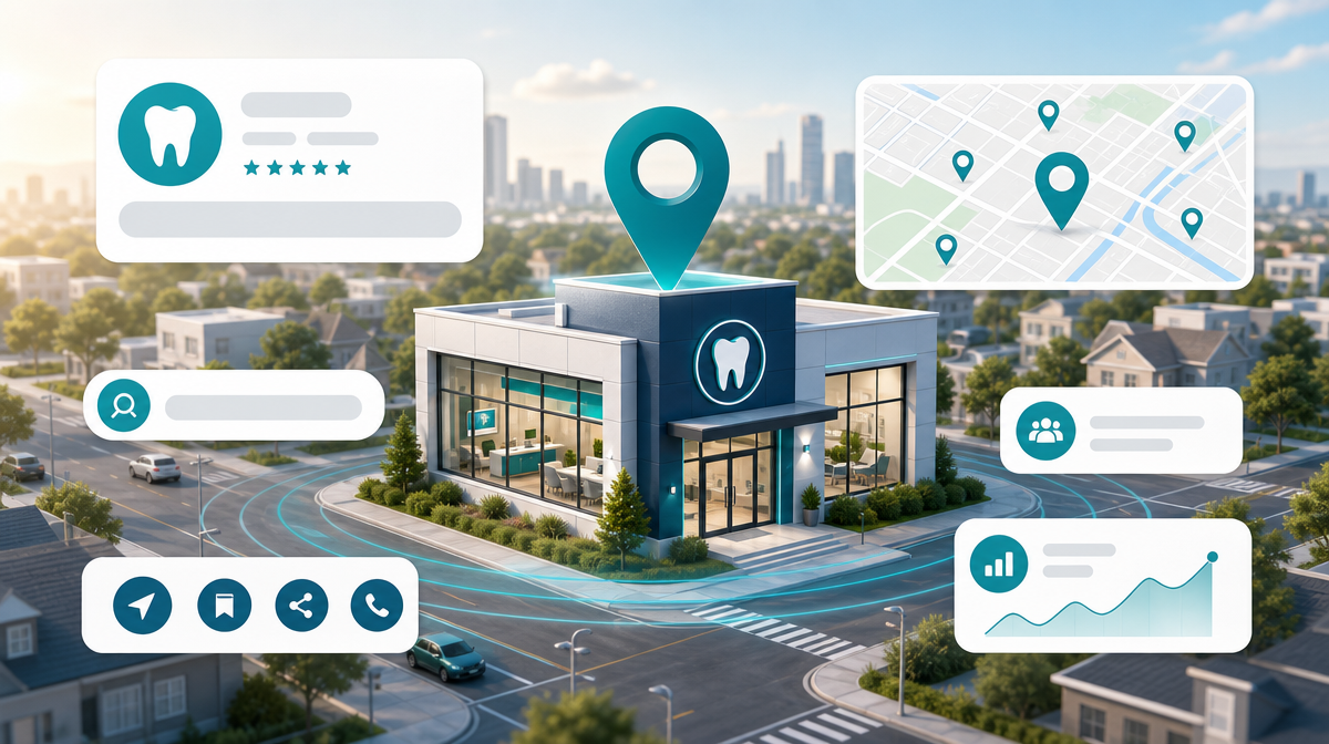 Clinic building beside a map pin and search cards, showing local visibility for a dental practice.