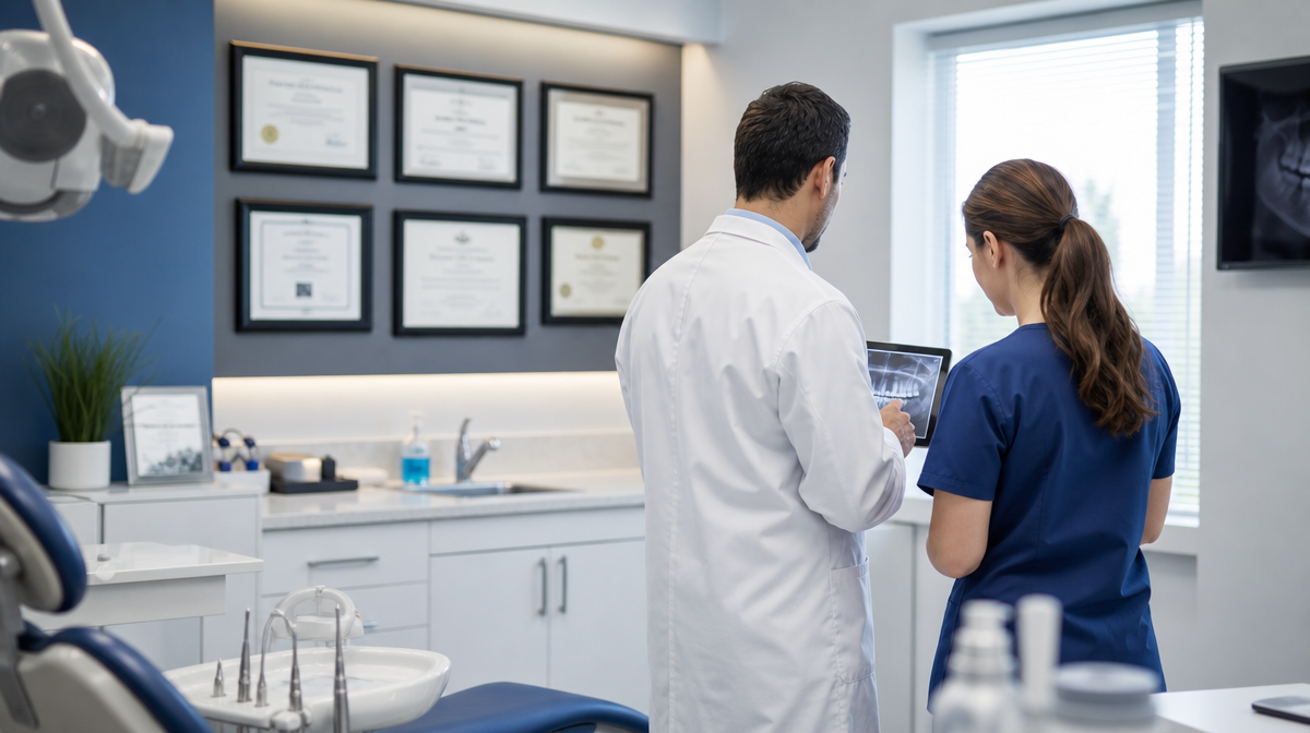 Dentist and colleague review patient records on a tablet in a spotless consultation room.