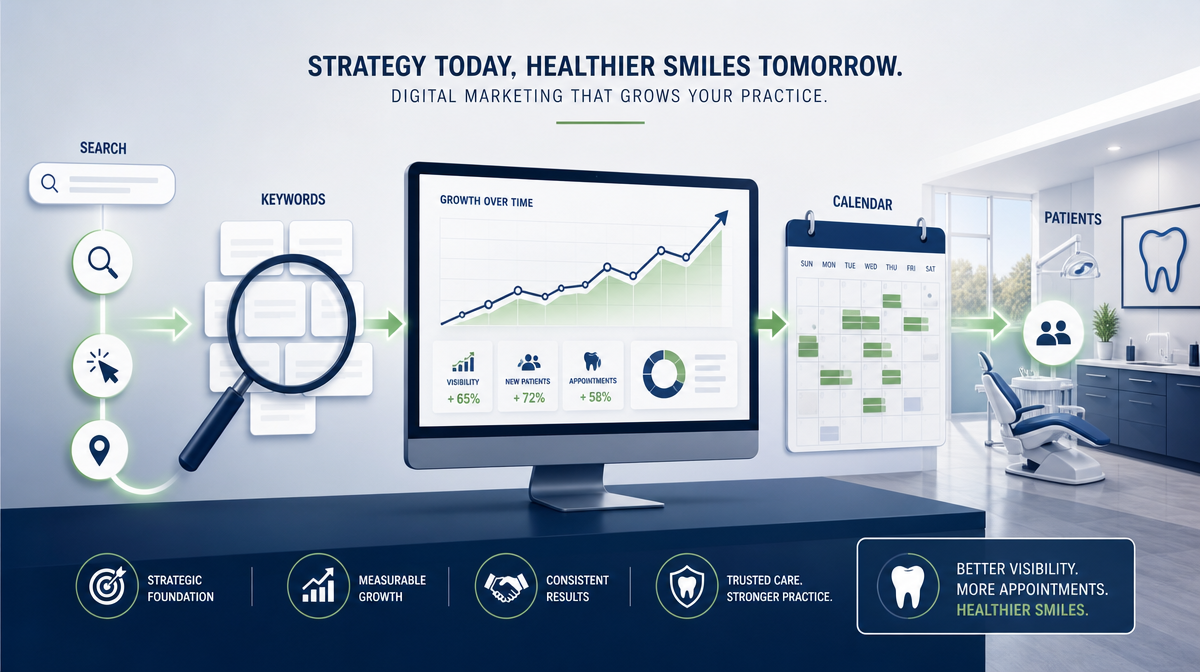 Dental marketing dashboard with rising chart, keyword tiles, and appointment blocks on a clinic desk.