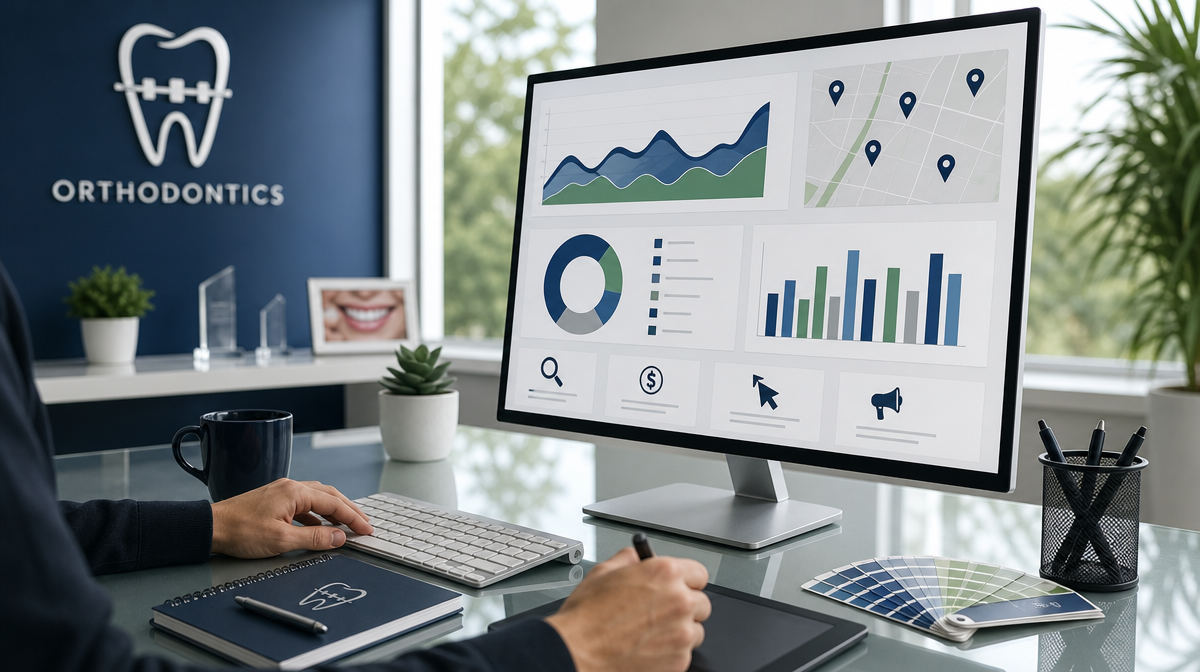 Marketer tracks orthodontic campaign analytics on a large monitor at a tidy desk