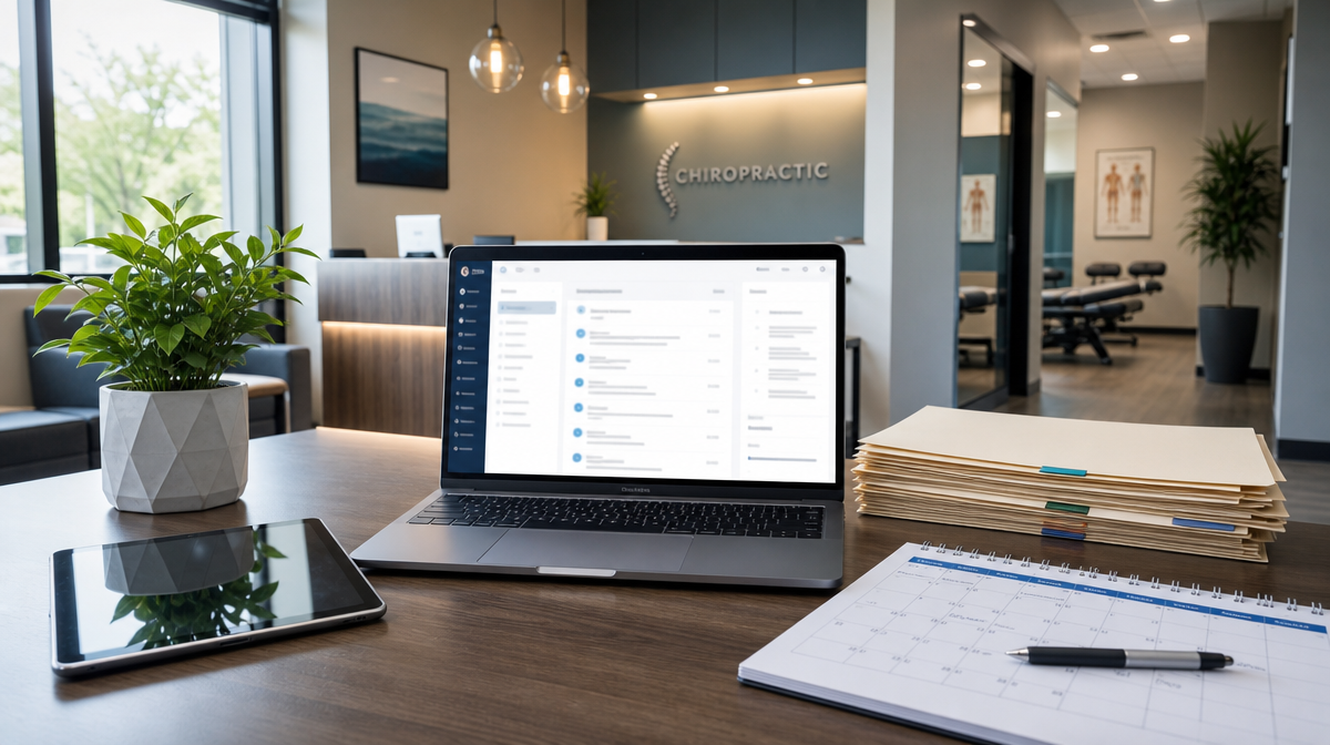 Laptop, tablet, patient folders, and a calendar on a chiropractic clinic desk