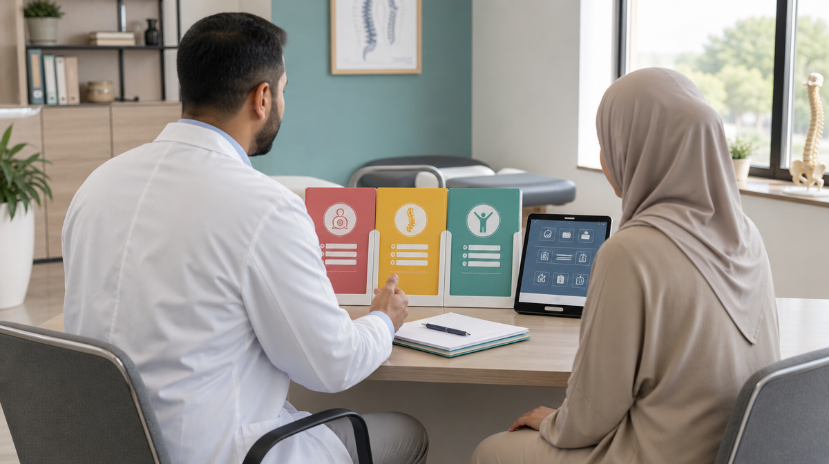 Chiropractor and patient plan care with folders, documents, and a tablet