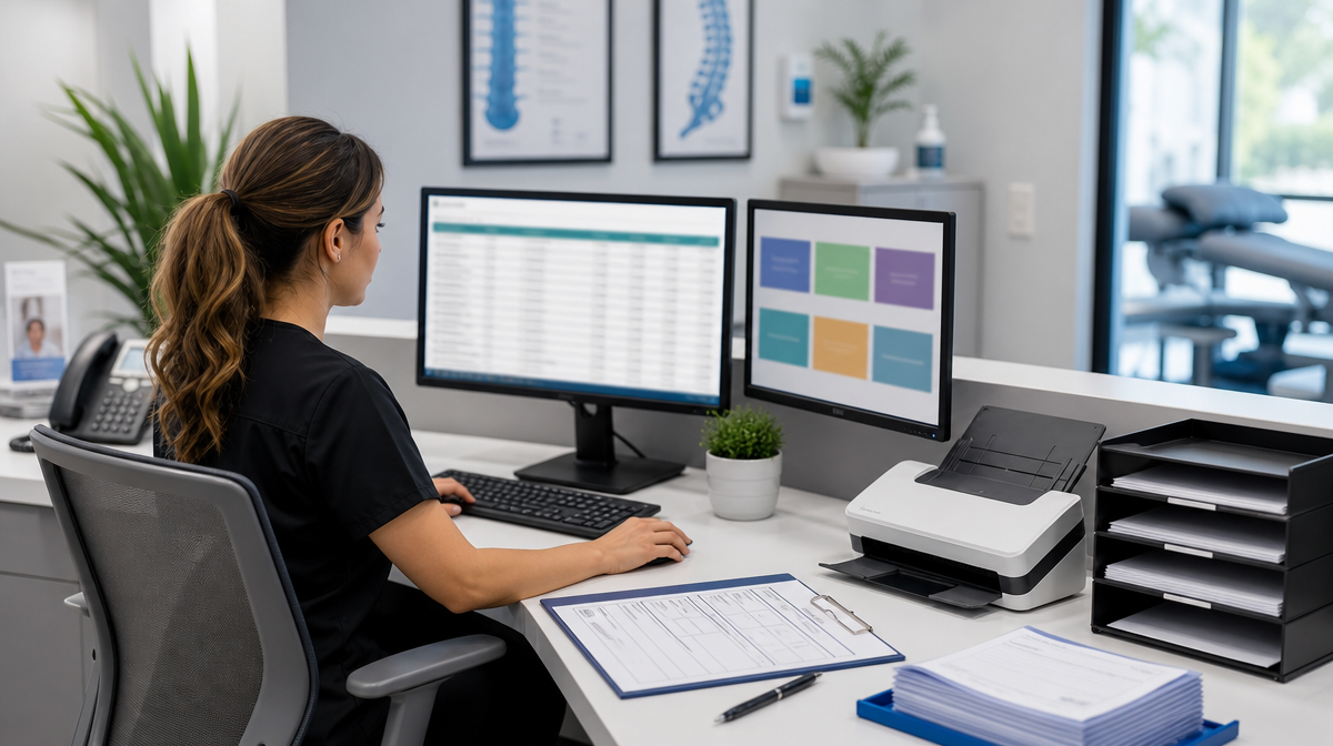 Receptionist reviews blurred patient data beside forms, trays, and a scanner