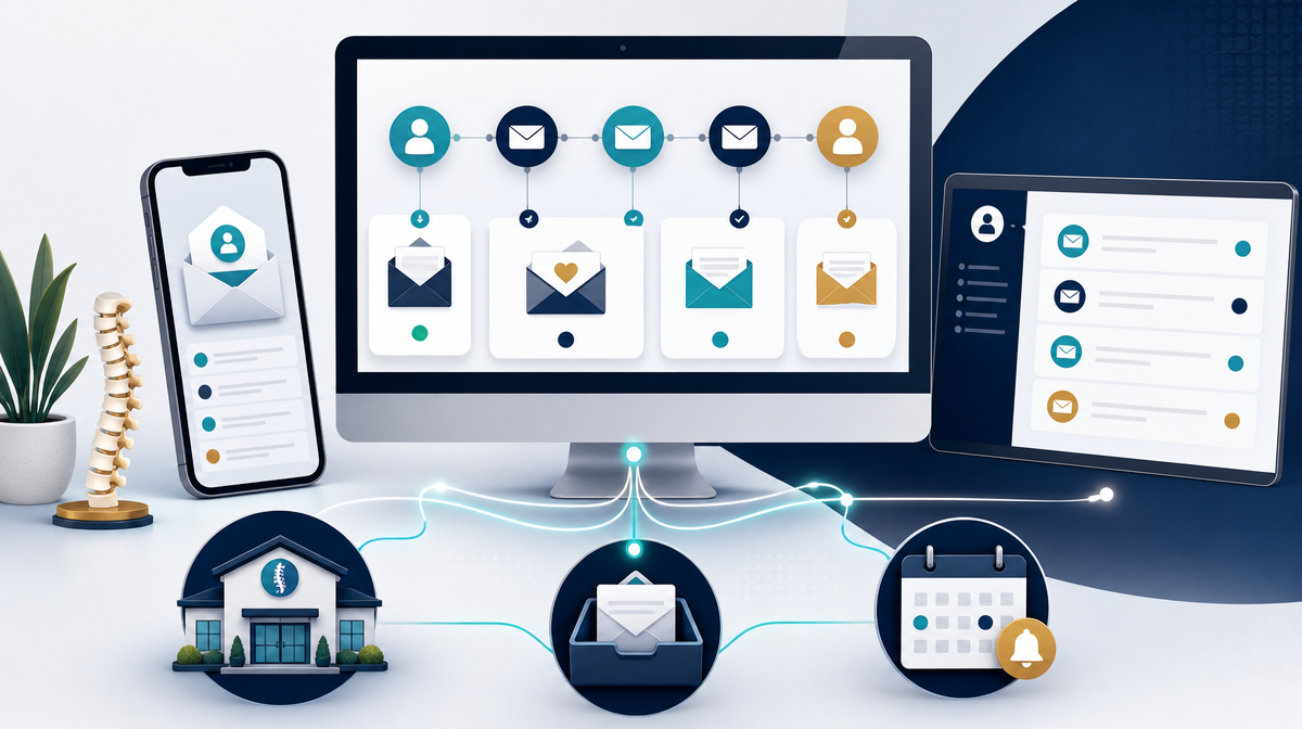 Computer and phone linked to clinic, inbox, and calendar for email automation