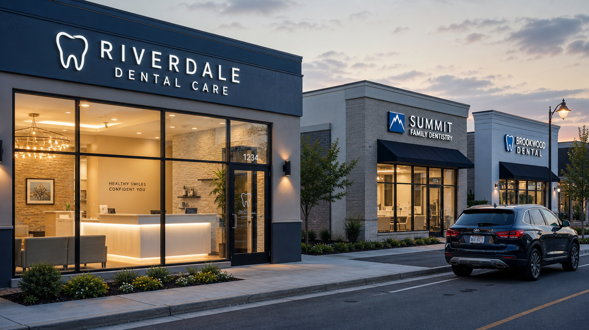 Three dental clinics across a quiet boulevard, one glowing warmly behind a glass storefront.